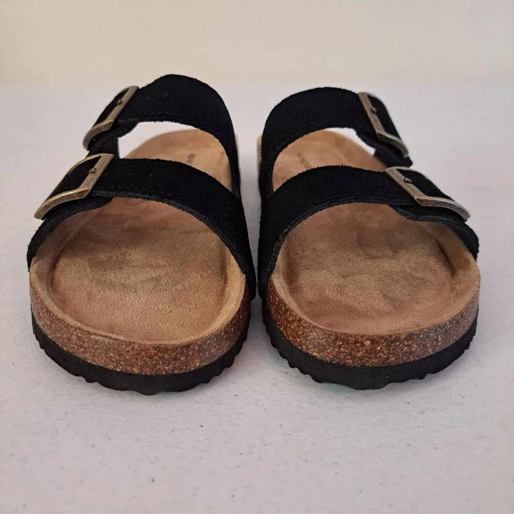 Khombu Slide Sandals Women's 6 Black Suede Double Buckle Cork Insole 1252-378
